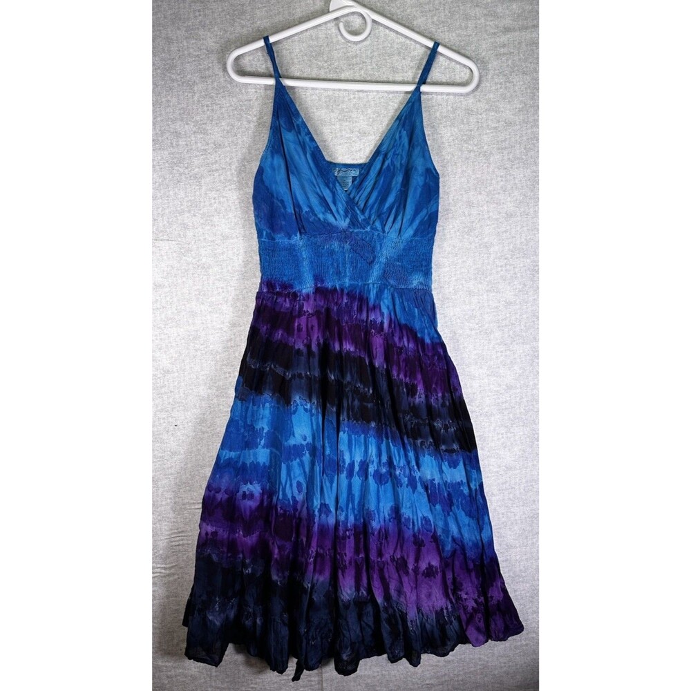 J Glee Boho Strappy Tie-Dye Purple Blue Sun Dress Smocked Cottage Size Medium